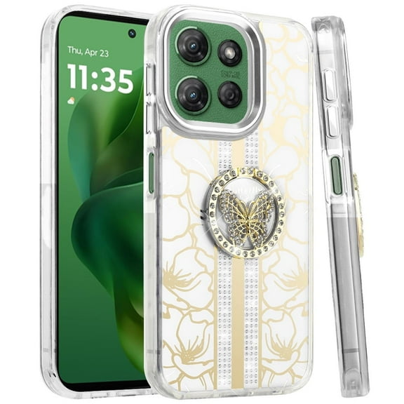 XPM for Motorola Moto G 5G /Moto G 2025 Phone Case, Diamonds 3D Butterfly Floral Design Bling Sparkly Glitter Hybrid Metal Fashion with Ring Stand Cover for Moto G 5G (2025), Moto G (2025) (White)