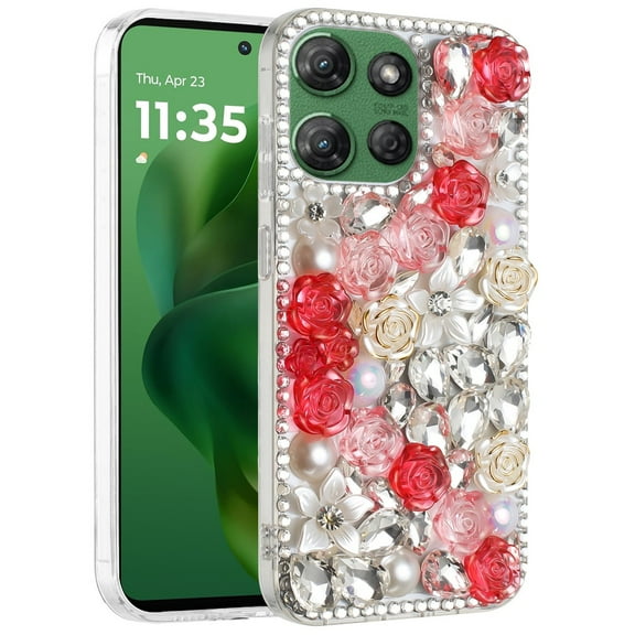 XPM for Motorola Moto G Power 5G 2025 Phone Case, Fashion Rose Flower Floral Bling Crystal 3D Full Diamonds Pearl Sparkle Rhinestone Glitter Hybrid Cover for Moto G Power 5G (2025) (Red)