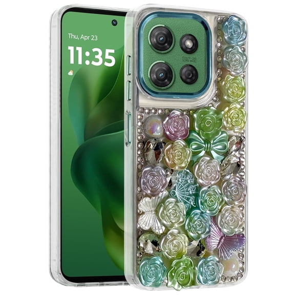 XPM for Motorola Moto G Power 5G 2026 /2025 3D Diamond Floral Roses Flower Bling Stone Hybrid, Sparkly Rhinestone Gemstone Back Shockproof Phone Case Cover (Green)