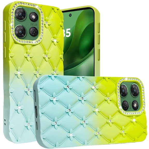 XPM for Motorola Moto G Power 5G 2026 /2025 Fashion Flower Design Sparkle Glitter Shimmer Rhinestone Bling Floral Accents, Leather Texture TPU Phone Case Cover (Light Green/Teal)
