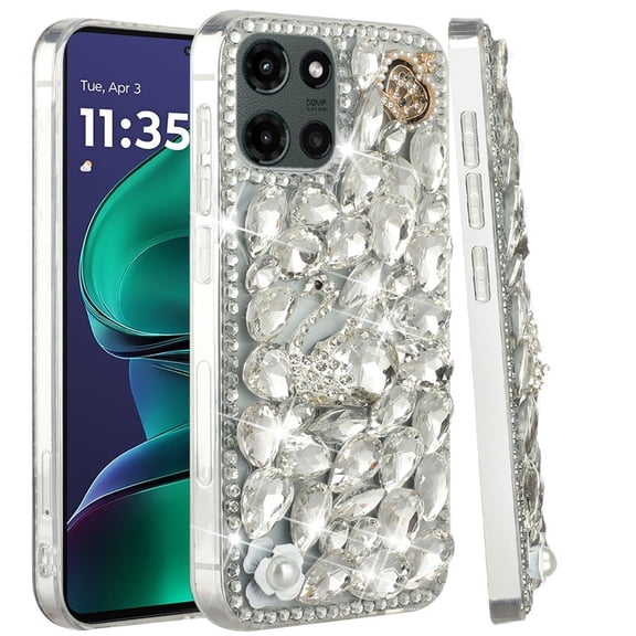 XPM for Motorola Moto G Stylus 5G 2025 Bling Crystal 3D Full Diamonds Luxury Sparkle Rhinestone Hybrid Protective Phone Case Cover (Silver Swan Crown Pearl)