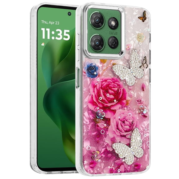 XPM for Motorola Moto G Stylus 5G 2025 Phone Case, Epoxy Glitter Flowers Bling 3D Butterfly Fashion TPU Hybrid with Shockproof Protection Cover for Moto G Stylus 5G 2025 (Hot Pink)