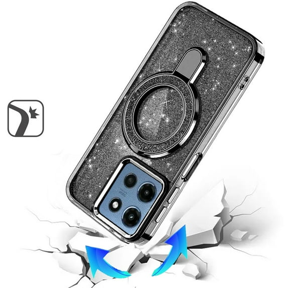 XPM for Motorola Moto G Stylus 5G 2025 Phone Case, Transparent Glitter Bling Case with Rotating Magnetic Ring Stand, Shockproof Hybrid Cover for Moto G Stylus 5G 2025 (Black)