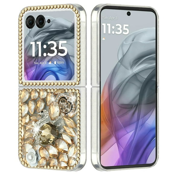 XPM for Motorola Razr 2025 Phone Case, Bling Crystal 3D Full Diamonds Luxury Sparkle Rhinestone Hybrid Protective Cover for Motorola Razr (2025) (Gold Swan Crown Pearl)