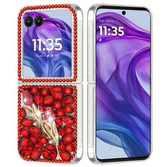 XPM for Motorola Razr+ PLUS (2025 /2024) Phone Case, Bling Crystal 3D Full Diamonds Luxury Sparkle Rhinestone Hybrid Cover for Motorola Razr+ PLUS (2025 /2024) (Red Exquisite Garden Flower)