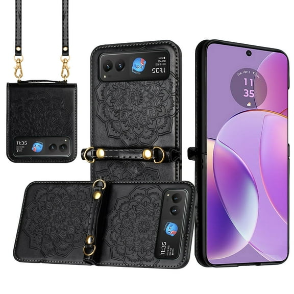 XPM for Motorola Razr Ultra 2025 Phone Case, Embossed Floral PU Leather Henna Mandala Design Flip Cover with Strap, Hybrid Protective Cover for Motorola Razr Ultra (2025) (Black)