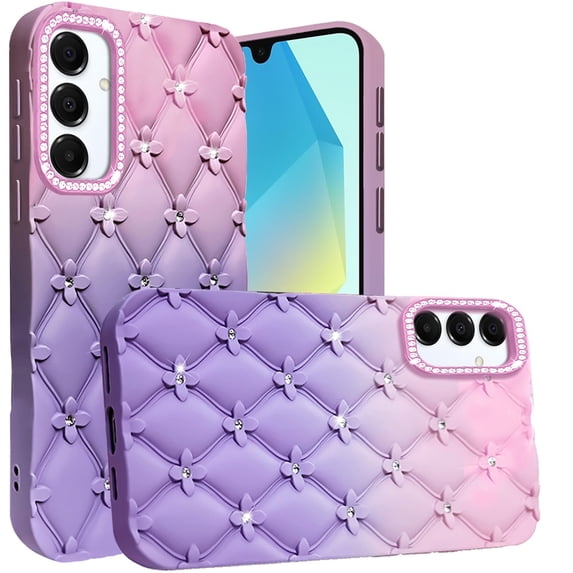 XPM for Samsung Galaxy A16 5G Phone Case, Fashion Flower Design Sparkle Glitter Shimmer Rhinestone Bling Floral Accents, Leather Texture TPU Cover for Galaxy A16 5G (Light Pink /Light Purple)