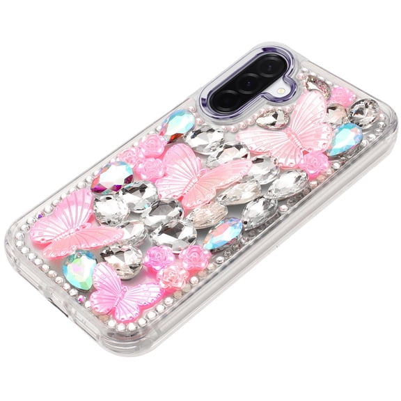 XPM for Samsung Galaxy A17 5G Phone Case, 3D Diamond Floral Butterfly Bling Stone Hybrid, Sparkly Rhinestone Gemstone Back Shockproof Cover for Galaxy A17 (Purple)
