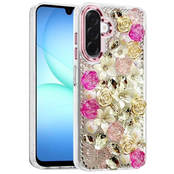 XPM for Samsung Galaxy A17 5G Phone Case, 3D Diamond Floral Roses Flower Bling Stone Hybrid, Sparkly Rhinestone Gemstone Back Shockproof Cover for Galaxy A17 (Pink)