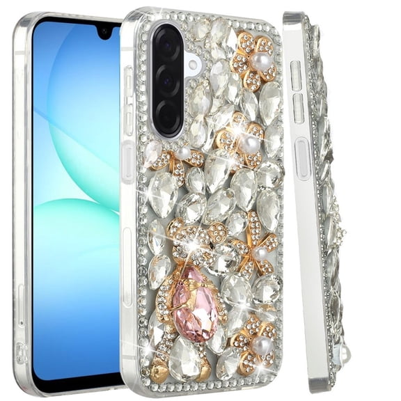 XPM for Samsung Galaxy A17 5G Phone Case, Bling Crystal 3D Full Diamonds Luxury Sparkle Rhinestone Hybrid Protective Cover for Galaxy A17 (Silver Panda Floral)