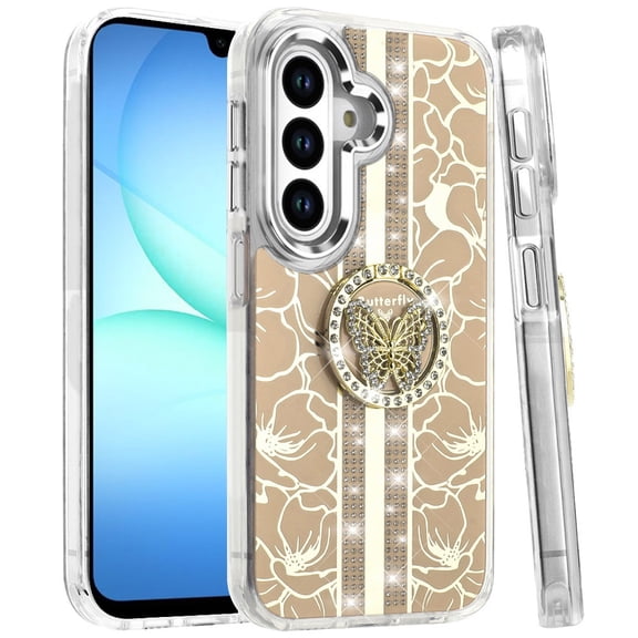 XPM for Samsung Galaxy A17 5G Phone Case, Diamonds 3D Butterfly Floral Design Bling Sparkly Glitter Hybrid Metal Fashion with Ring Stand Cover for Samsung A17 5G (Gold)