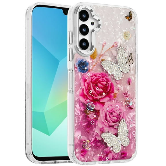 XPM for Samsung Galaxy A17 5G Phone Case, Epoxy Glitter Flowers Bling 3D Butterfly Fashion TPU Hybrid with Shockproof Protection Cover for Galaxy A17 (Hot Pink)