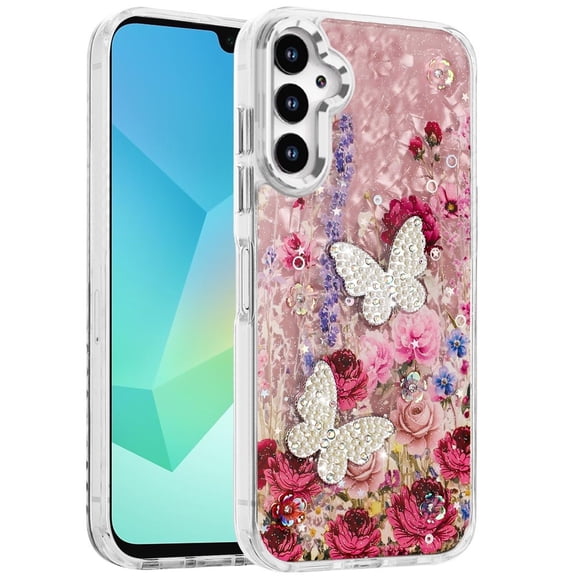 XPM for Samsung Galaxy A17 5G Phone Case, Epoxy Glitter Flowers Bling 3D Butterfly Fashion TPU Hybrid with Shockproof Protection Cover for Galaxy A17 (Red)