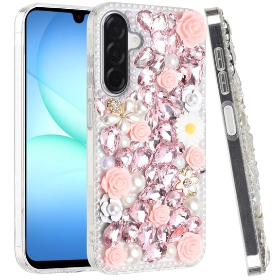 XPM for Samsung Galaxy A17 5G Phone Case, Fashion Rose Flower Floral Bling Crystal 3D Full Diamonds Pearl Sparkle Rhinestone Glitter Hybrid Cover for Galaxy A17 (Pink)