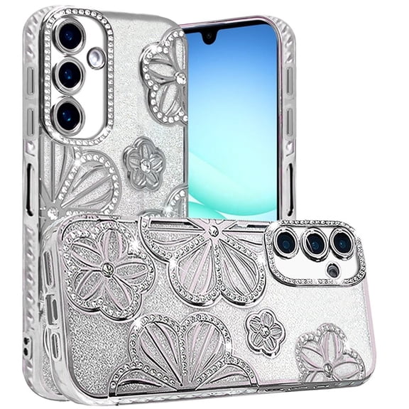 XPM for Samsung Galaxy A17 5G Phone Case, Luxury Flower Design Sparkle Glitter Diamond Rhinestone Shimmer Bling Plating Thick TPU Hard PC Cover for Galaxy A17 (Flower Silver)