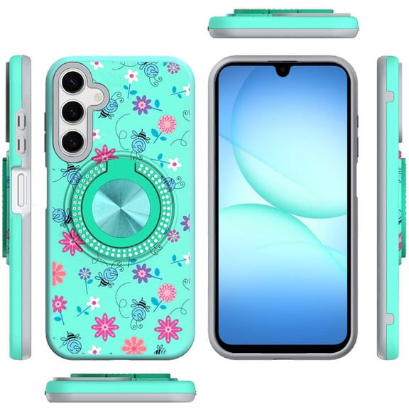 XPM for Samsung Galaxy A17 5G Phone Case, Pattern Design Hybrid with Invisible Ring Stand & Magnetic Back, Shockproof Protective Grip Cover for Galaxy A17 (Flower Bee Teal)