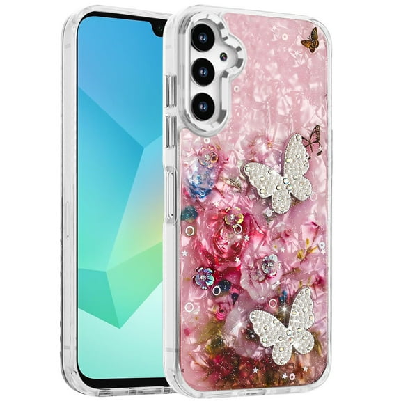 XPM for Samsung Galaxy A36 Phone Case, Epoxy Glitter Flowers Bling 3D Butterfly Fashion TPU Hybrid with Shockproof Protection Cover for Galaxy A36 5G (Pink)