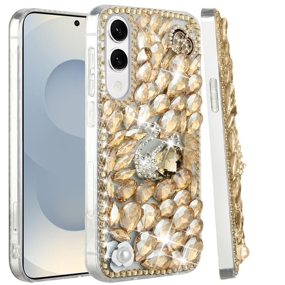 XPM for Samsung Galaxy S25 Edge Phone Case, Bling Crystal 3D Full Diamonds Luxury Sparkle Rhinestone Hybrid Protective Cover for GalaxyS25 Edge (Gold Swan Crown Pearl)