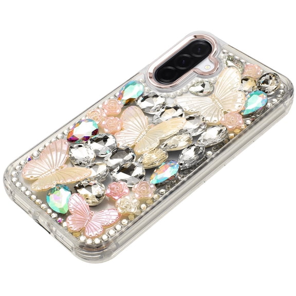 XPM for Samsung Galaxy S25 Fan Edition /Galaxy S25 FE 3D Diamond Floral Butterfly Bling Stone Hybrid, Sparkly Rhinestone Gemstone Back Shockproof Phone Case Cover (Rose Gold)