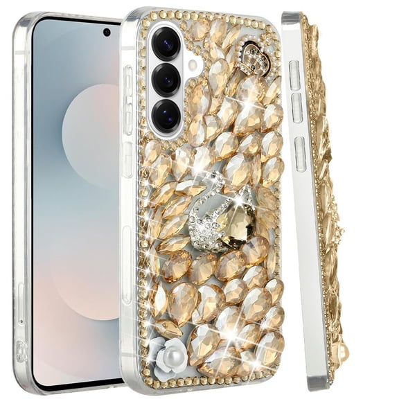 XPM for Samsung Galaxy S26 Phone Case, Bling Crystal 3D Full Diamonds Luxury Sparkle Rhinestone Hybrid Protective Cover for Samsung s26 (Gold Swan Crown Pearl)