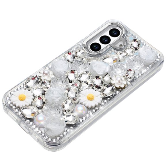 XPM for Samsung Galaxy S26+ / S26 Plus Fashion Daisy Floral Series, Full 3D Bling Crystal Diamonds Sparkling Rhinestone Glitter Hybrid Design Phone Case Cover (White)