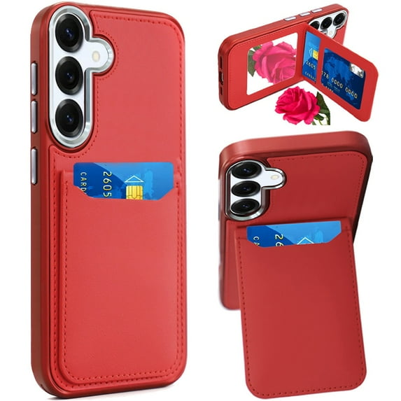 XPM for Samsung Galaxy S26+ / S26 Plus PU Leather Wallet Cover with Credit Card Holder, Kickstand & Mirror Inside Slim Fit TPU & PC Hybrid Design Phone Case Cover (Red)
