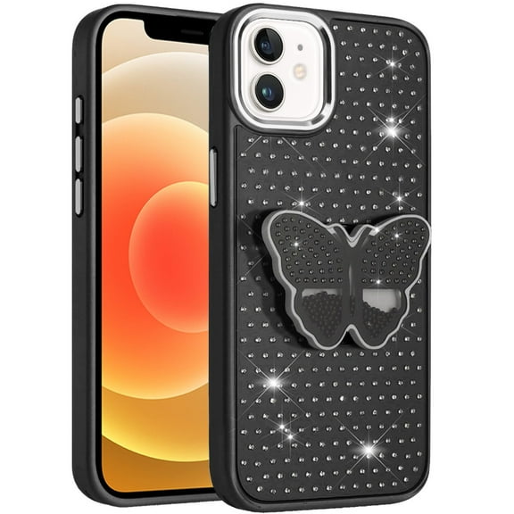 XPM for Apple iPhone 15 Phone Case, Butterfly Moveable Grip 3D Pop Stand Full Diamond Bling Sparkling TPU Fashion Hybrid Cover for iPhone 15 (Black)