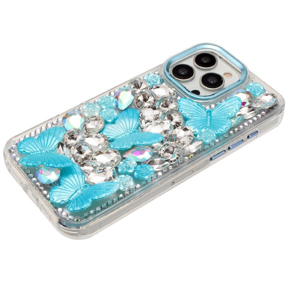 XPM for Apple iPhone 16 Pro Max 3D Diamond Floral Butterfly Bling Stone Hybrid, Sparkly Rhinestone Gemstone Back Shockproof Phone Case Cover (Blue)
