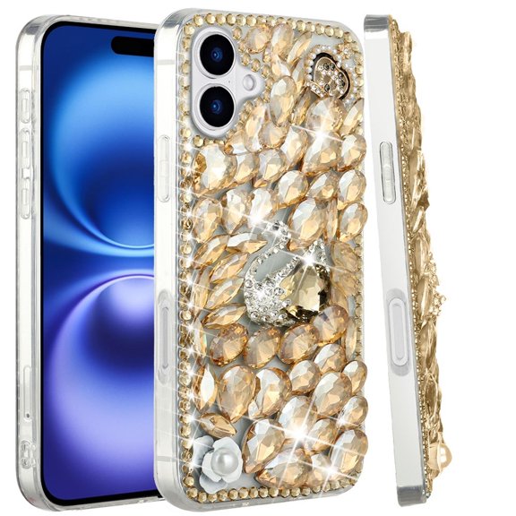 XPM for Apple iPhone 17 (6.3") Bling Crystal 3D Full Diamonds Luxury Sparkle Rhinestone Hybrid Protective Phone Case Cover (Gold Swan Crown Pearl)