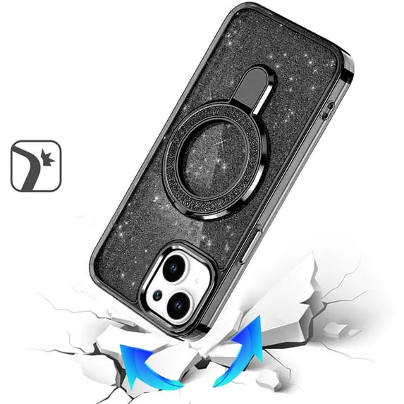 XPM for Apple iPhone 17 Transparent Glitter Bling Case with Rotating Magnetic Ring Stand, Shockproof Hybrid Phone Case Cover (Black)