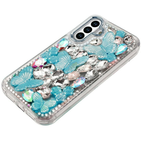 XPM for Samsung Galaxy A16 3D Diamond Floral Butterfly Bling Stone Hybrid, Sparkly Rhinestone Gemstone Back Shockproof Phone Case Cover (Blue)