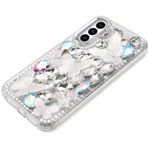 XPM for Samsung Galaxy A36 3D Diamond Floral Butterfly Bling Stone Hybrid, Sparkly Rhinestone Gemstone Back Shockproof Phone Case Cover (Silver)