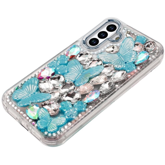XPM for Samsung Galaxy S23 3D Diamond Floral Butterfly Bling Stone Hybrid, Sparkly Rhinestone Gemstone Back Shockproof Phone Case Cover (Blue)