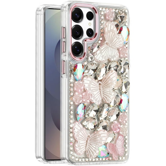 XPM for Samsung Galaxy S25 Ultra 3D Diamond Floral Butterfly Bling Stone Hybrid, Sparkly Rhinestone Gemstone Back Shockproof Phone Case Cover (Pink)