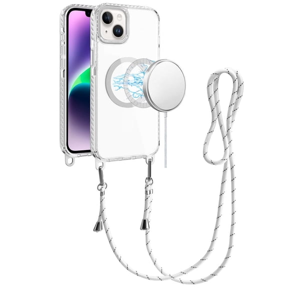XPM for iPhone 14/13 (6.1") Phone Case, Clear Magnetic Frame PC Back Shockproof Protective Case with Detachable Lanyard Strap, Compatible with MagSafe Cover for iPhone 14/ iPhone 13 (White)