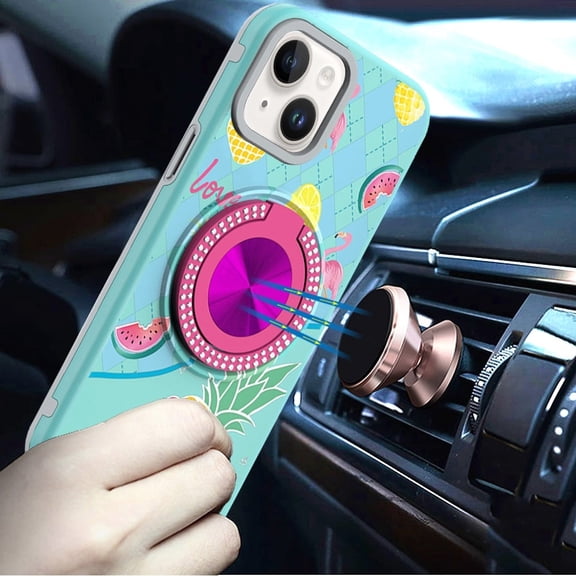 XPM for iPhone 14/13 (6.1") Phone Case, Pattern Design Hybrid with Invisible Ring Stand & Magnetic Back, Shockproof Protective Grip Cover for iPhone 14/ iPhone 13 (Pineapple Love Vibe)
