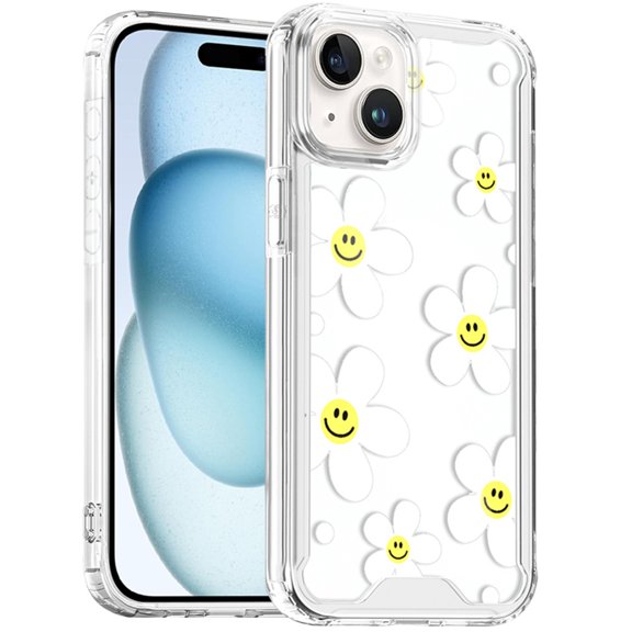 XPM for iPhone 15 (6.1") Phone Case, Beautiful TPU Design, Slim Shockproof Soft Cover for Women and Girls, Stylish Protective Cover for iPhone 15 (White Daisies with Yellow Smiley Faces)