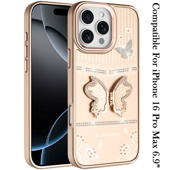 XPM for iPhone 16 Pro Max (6.9") Phone Case, Glitter 3D Butterfly Design Bling Metallic Edge Hybrid Stand Drop Protection TPU Shockproof Cover for Iphone 16 Pro Max (Gold)