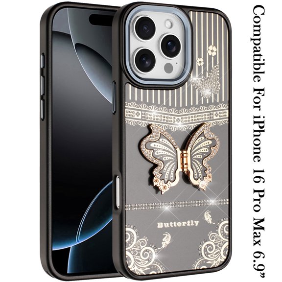 XPM for iPhone 16 Pro Max (6.9") Phone Case, Glitter 3D Butterfly Design Bling Metallic Edge Hybrid Stand Drop Protection TPU Shockproof Cover for Iphone 16 Pro Max (Black)
