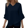 thumbnail image 1 of XPMWRP 3/4 Length Sleeve for Womens Tops Summer V Neck Ruffled Sleeve Chiffon Blouses Dressy Business Casual Blouses Work Shirts Navy L, 1 of 9