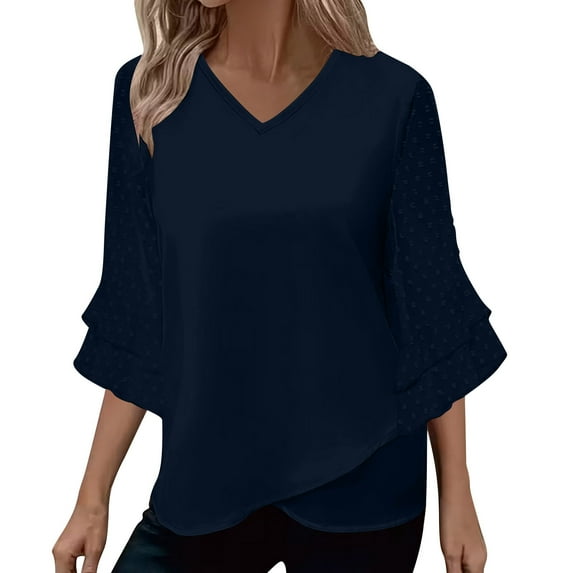 XPMWRP 3/4 Length Sleeve for Womens Tops Summer V Neck Ruffled Sleeve Chiffon Blouses Dressy Business Casual Blouses Work Shirts Navy L