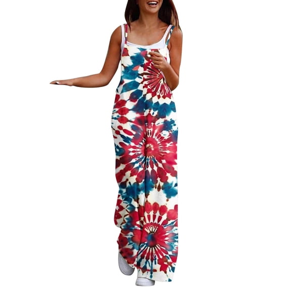 XPMWRP 4Th Of July Jumpsuit for Women Summer American Flag Wide Leg Overalls Casual Loose Tank Patriotic Rompers with Pockets Red S