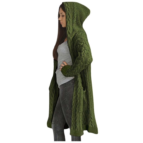 XPMWRP Chunky Knit Open Front Cardigan Hooded Sweater Long Sleeve Loose Fit Stylish Outerwear with Pockets Casual Wear for Winter Women Fashionable Green L