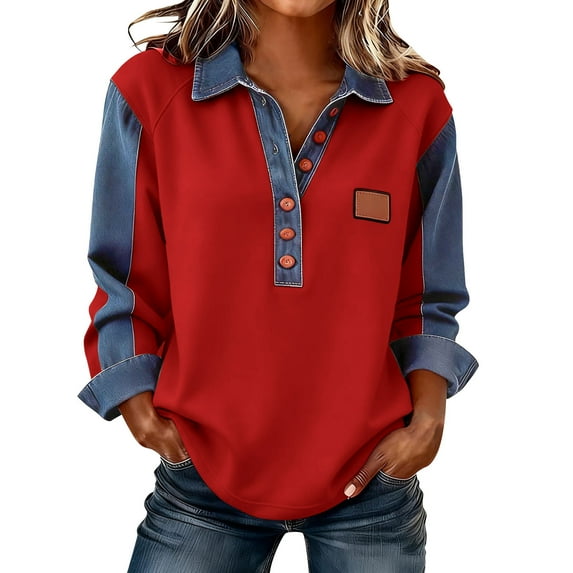 XPMWRP Collared Shirts for Women with Buttons Denim Patchwork Pullover Vintage Printed  Sweatshirt Casual Jean Tops Blouses Red XL
