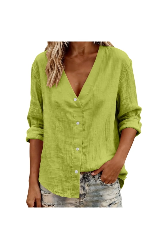 Cotton Button Down Shirt Henley Tops for Women Long Sleeve Collared Blouses Lightweight Spring Summer Beach Tops Green XXL