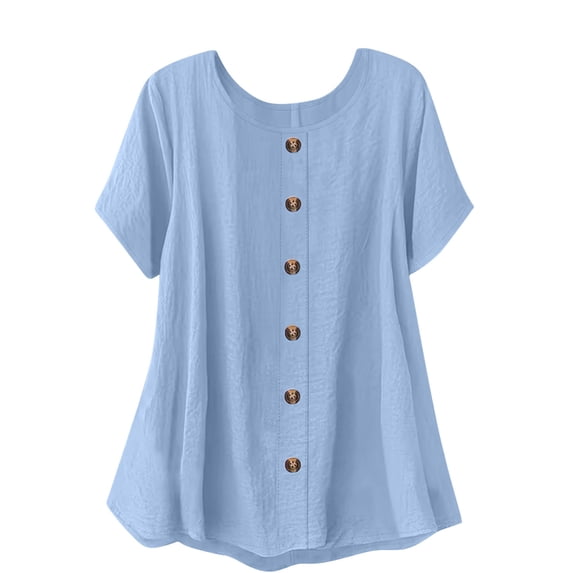 XPMWRP Cotton Linen Blouses for Women Summer Short Sleeve Shirt Boho Decorative Button Blouse Loose Casual Tops Blue L