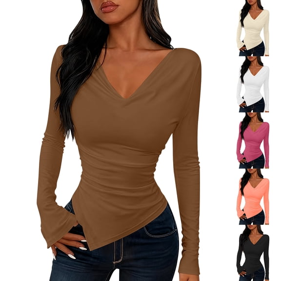XPMWRP Cowl Neck Tops for Women Slim Fitted Chic Asymmetric Hem Long Sleeve Going Out Casual Solid Color Tee Shirts Beige XXL