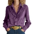 thumbnail image 1 of XPMWRP Dressy Ruffle Velvet Shirts for Women Button Down Loose Long Sleeve Business Casual Tops Elegant Party Blouse Purple L, 1 of 6