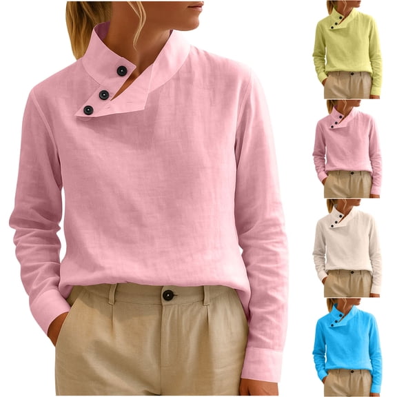 XPMWRP Elegant Cotton Linen Blouses for Women Casual Stand Collar Long Sleeve Loose Fit Business Casual Top Shirts Sky Blue M