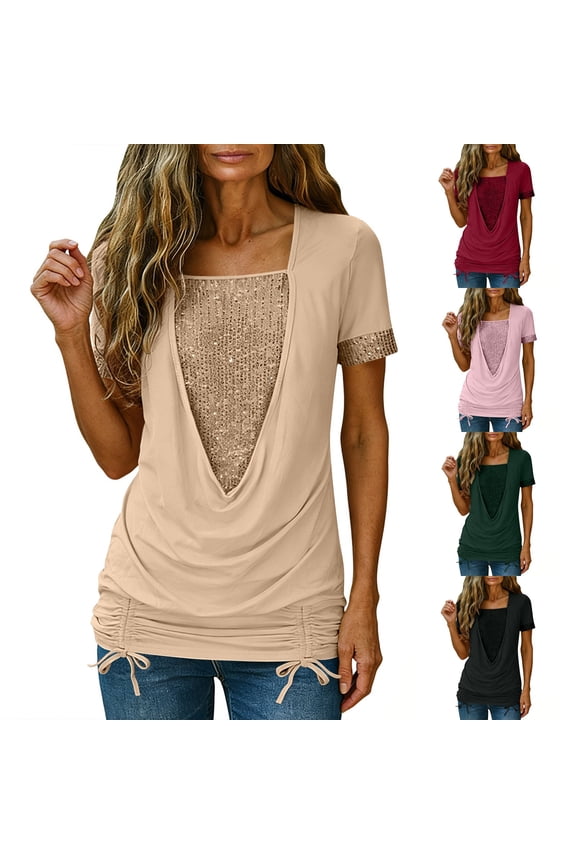 Fake Two-Piece Sequins Shirts for Women Cowl Drop Front Short Sleeve Party Tops Dressy Sparkle Drawstring Tunic Blouse Red M